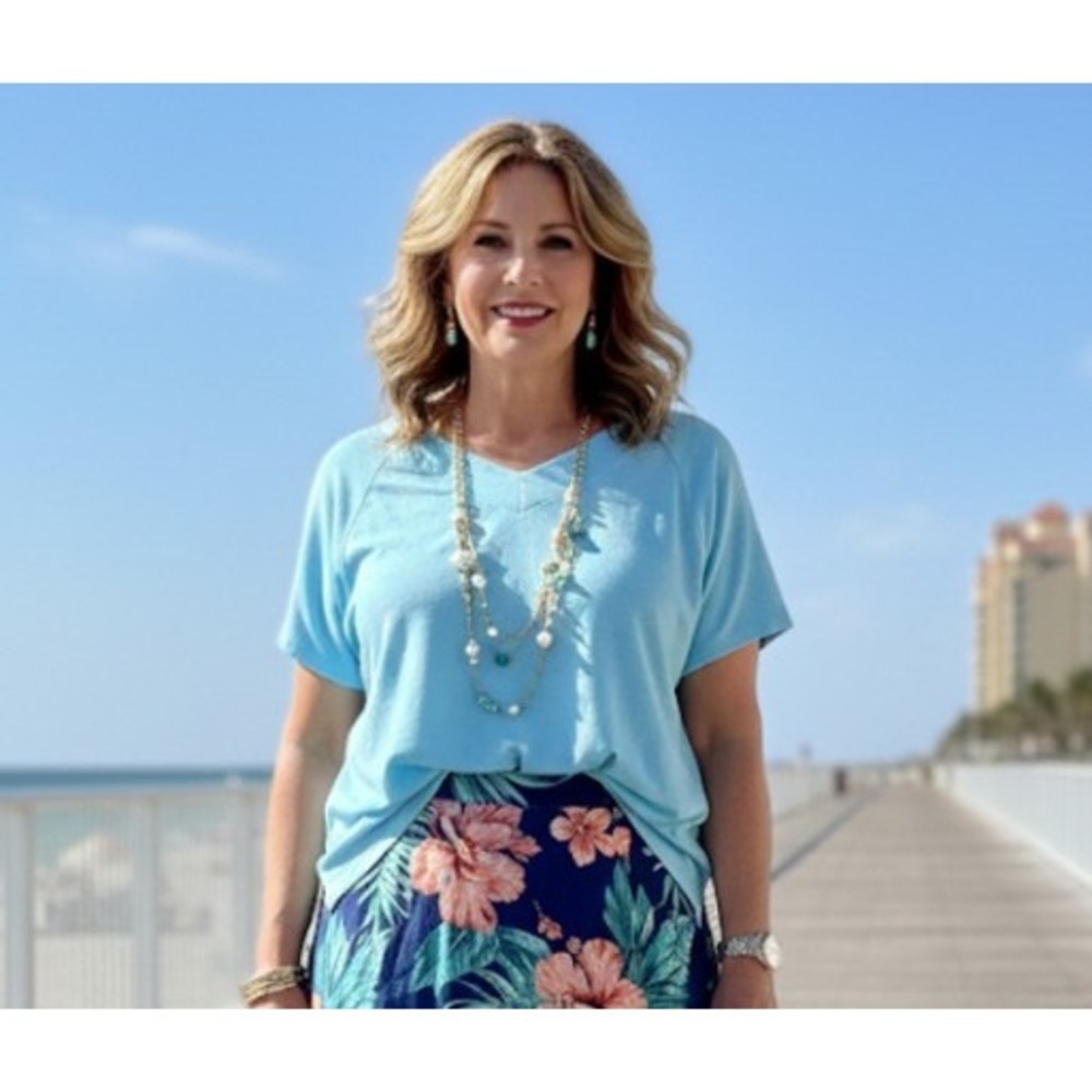 Talbots Petite‎ V Neck T Shirt Light Blue Linen Blend Short Sleeve Top XLP 33401
